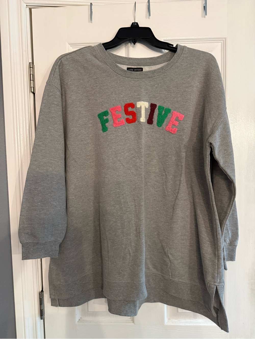 Lane Bryant Gray Sweatshirt with Multicolor 'FESTIVE' Chenille Letters